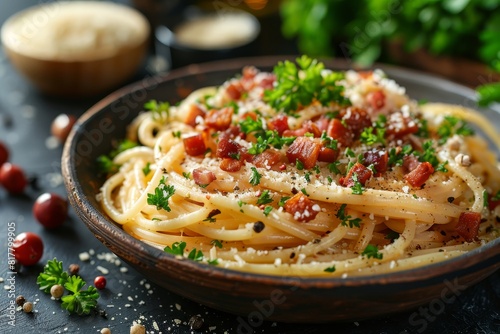 Spaghetti Carbonara: A bowl of pasta with creamy sauce, crispy pancetta, grated pecorino cheese, and a sprinkle of black pepper. The dish should look rich and appetizing.