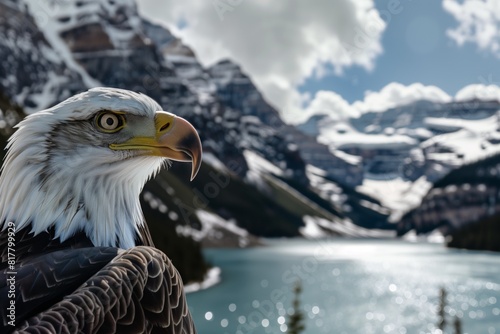 Close-up of a majestic bald eagle with a snowy mountain landscape and a calm lake in the background under a partly cloudy sky. photo