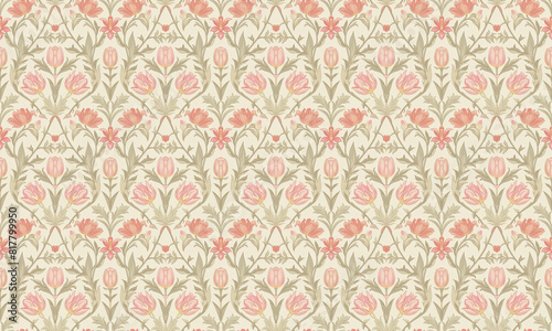 Floral pattern with pink and red flowers. Elegant mirror pattern