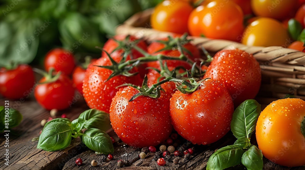 Fresh, ripe tomatoes displayed in a rustic basket on a wooden table Fresh, ripe tomatoes displayed in a rustic basket on a wooden table