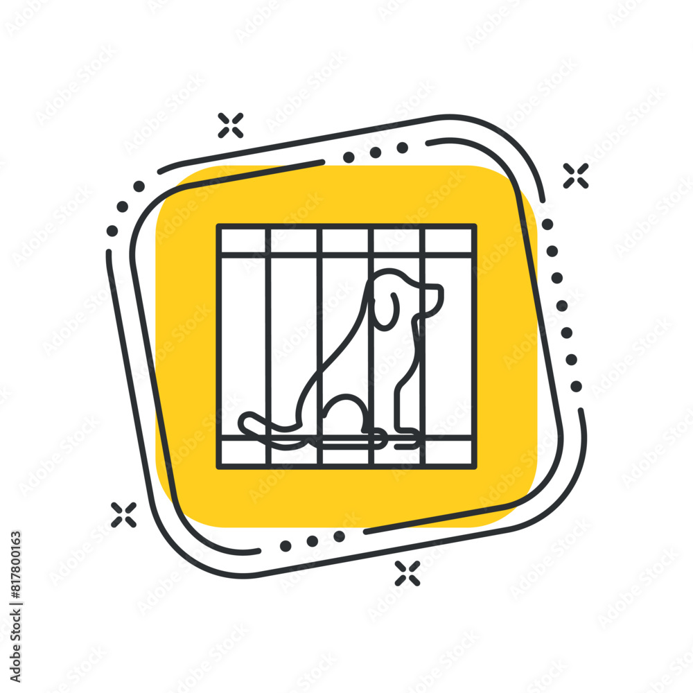 Cartoon dog in cage icon vector illustration. Pet cage on isolated yellow square background. Adopt a pet sign concept. Cartoon dog in cage icon vector illustration. Pet cage on isolated yellow square background. Adopt a pet sign concept.