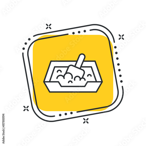 Cartoon cat litter toilet icon vector illustration. Litter box on isolated yellow square background. Pet tray sign concept.