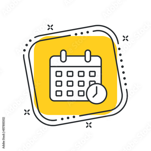 Cartoon calendar with time clock icon vector illustration. Schedule on isolated yellow square background. Event time sign concept.