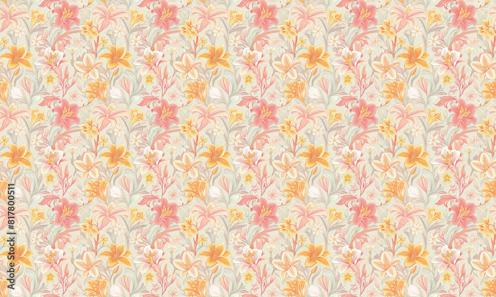 Floral pattern with red and yellow flowers. Elegant mirror pattern Floral pattern with red and yellow flowers. Elegant mirror pattern