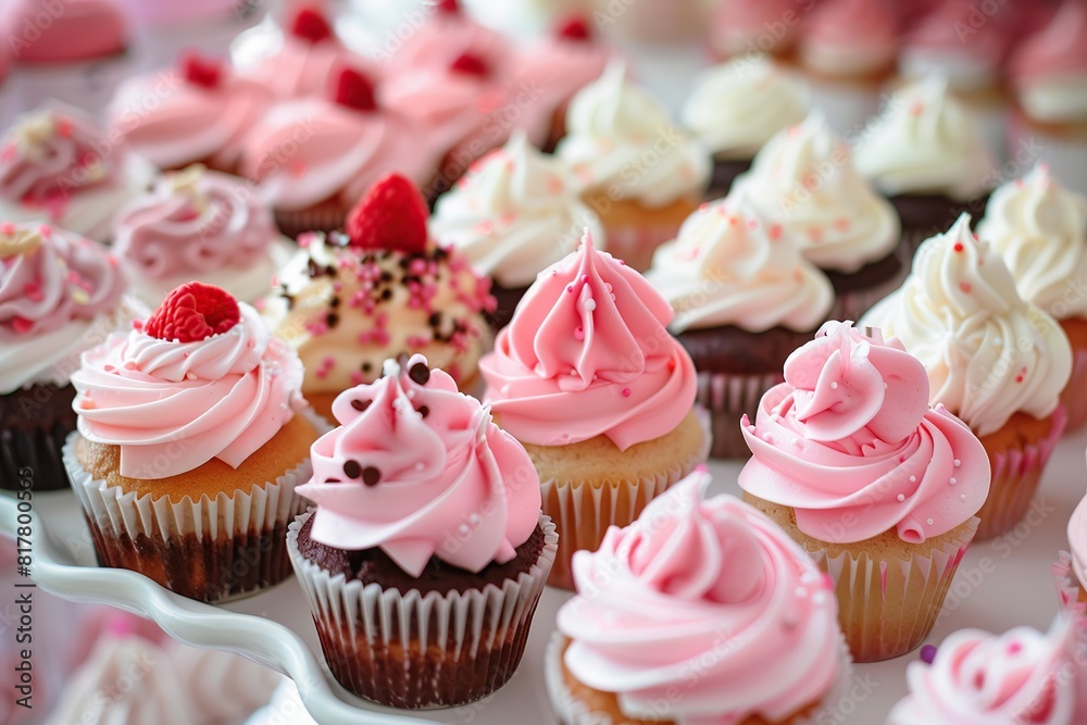 Colorful cupcakes with butter cream and sprinkles on cake stand