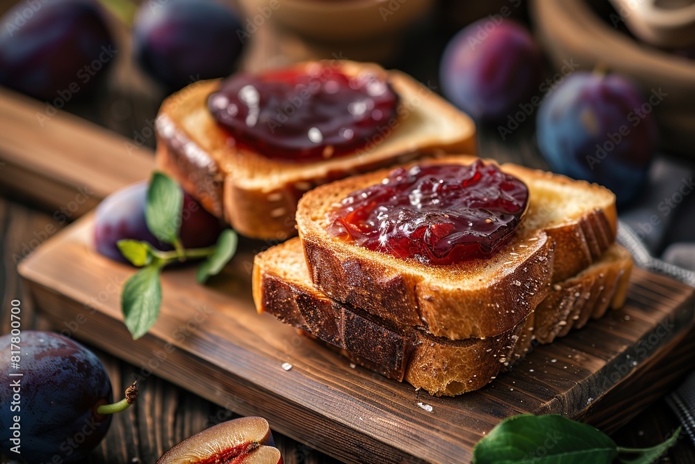 Toast breads with sweet plum jam on wooden table Toast breads with sweet plum jam on wooden table