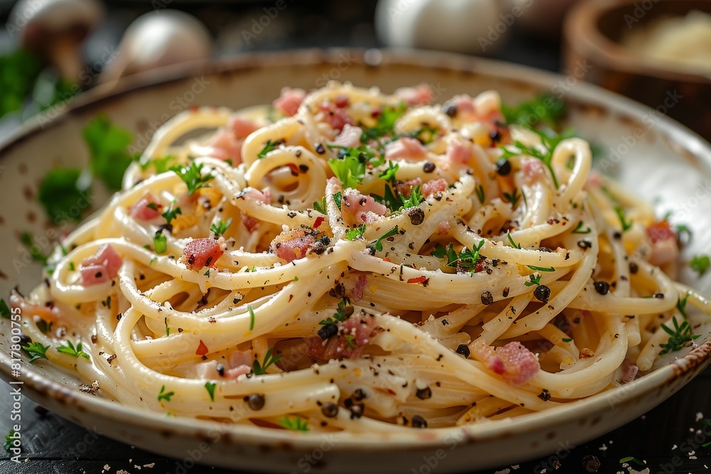 Spaghetti Carbonara: A bowl of pasta with creamy sauce, crispy pancetta, grated pecorino cheese, and a sprinkle of black pepper. The dish should look rich and appetizing. Spaghetti Carbonara: A bowl of pasta with creamy sauce, crispy pancetta, grated pecorino cheese, and a sprinkle of black pepper. The dish should look rich and appetizing.