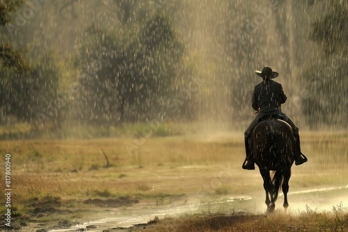 A lone cowboy rides a horse through a rain-soaked landscape, creating a serene and reflective scene in the countryside.