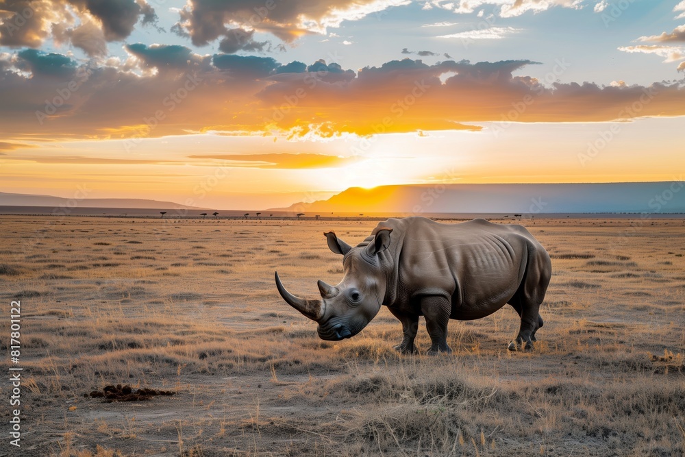 Fototapeta premium A rhinoceros stands in an open savanna landscape at sunset with a dramatic sky overhead.