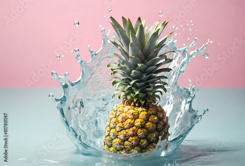 pineapple in water splash in pastel color tone background photo