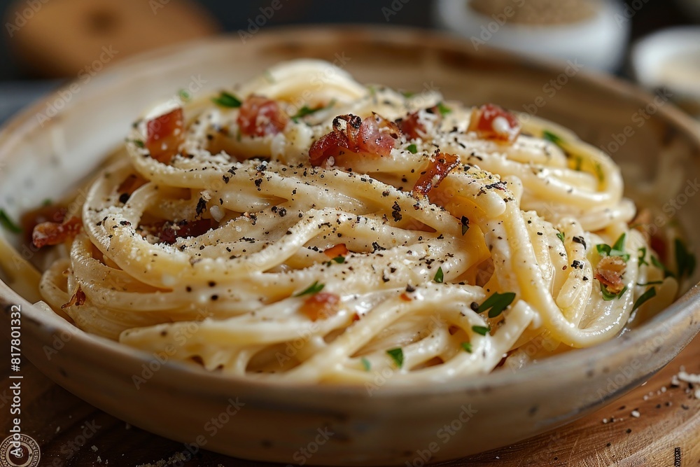 Spaghetti Carbonara: A bowl of pasta with creamy sauce, crispy pancetta, grated pecorino cheese, and a sprinkle of black pepper. The dish should look rich and appetizing. Spaghetti Carbonara: A bowl of pasta with creamy sauce, crispy pancetta, grated pecorino cheese, and a sprinkle of black pepper. The dish should look rich and appetizing.