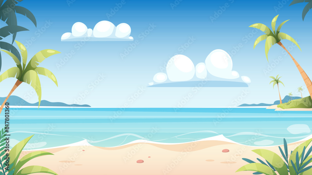 Sea and sandy beach with palm trees. Vector background, summer illustration Sea and sandy beach with palm trees. Vector background, summer illustration