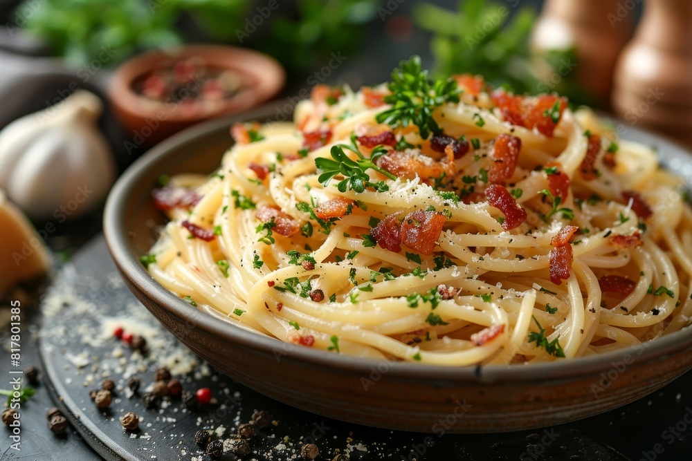 Spaghetti Carbonara: A bowl of pasta with creamy sauce, crispy pancetta, grated pecorino cheese, and a sprinkle of black pepper. The dish should look rich and appetizing. Spaghetti Carbonara: A bowl of pasta with creamy sauce, crispy pancetta, grated pecorino cheese, and a sprinkle of black pepper. The dish should look rich and appetizing.