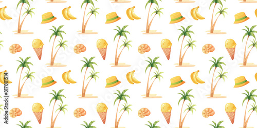 Seamless beach pattern with palm trees, ice cream, seashell, bananas and panama. Summer pattern in yellow and green colors