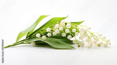 A white flower with green leaves is on a white background photo