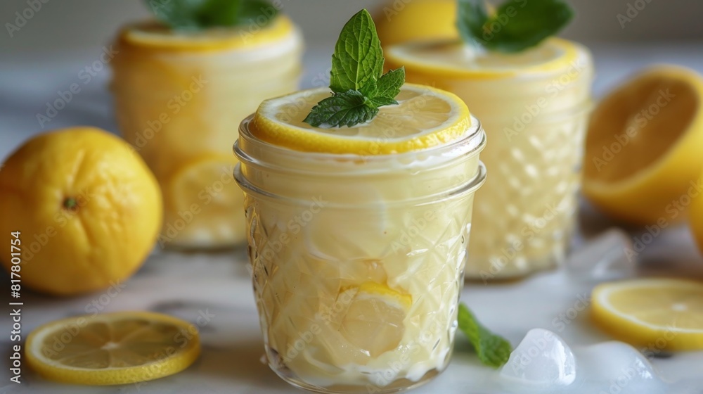 gourmet lemon pudding, zesty lemon pudding in glass jars, with lemon slice and mint, a light and refreshing summer dessert option gourmet lemon pudding, zesty lemon pudding in glass jars, with lemon slice and mint, a light and refreshing summer dessert option