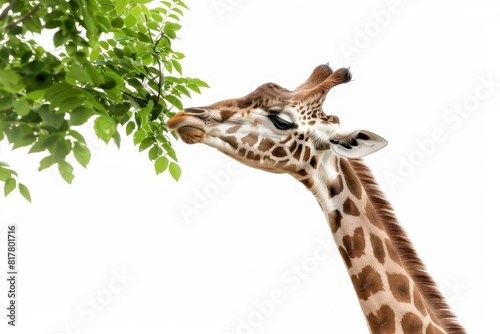 A graceful giraffe reaching up to eat leaves from a tall tree  with a naturalistic zoo habitat  isolated on white background  copy space