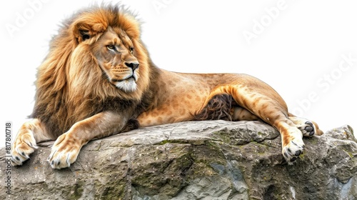 A majestic lion basking in the sun on a large rock at the zoo  with a lush green environment  isolated on white background  copy space