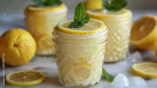 gourmet lemon pudding, zesty lemon pudding in glass jars, with lemon slice and mint, a light and refreshing summer dessert option