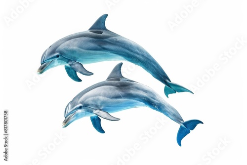 A pair of dolphins jumping and performing tricks in a large aquarium show pool  with an enthusiastic audience  isolated on white background  copy space