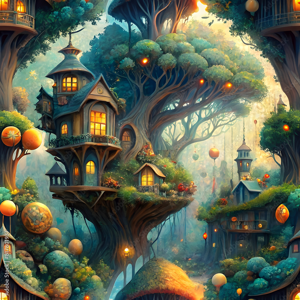 Obraz premium Hand-Painted Magical Treehouse: A Cozy and Mystical Hideaway. Perfect for: Halloween, World Book Day, Children's Birthdays, Christmas, Enchanted Events, Fantasy Conventions, book covers, fantasy novel