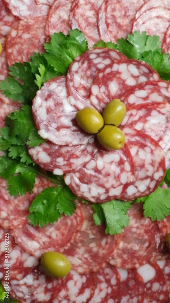 Thinly sliced smoked salami sausage with cilantro and olives Thinly sliced smoked salami sausage with cilantro and olives