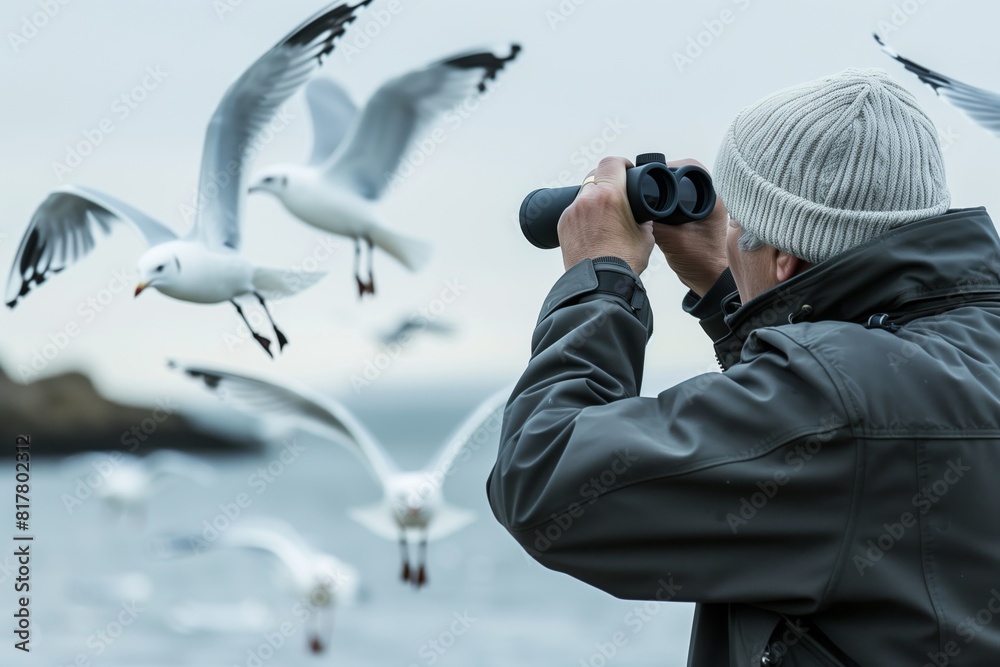 Fototapeta premium Person birdwatching through binoculars near seagulls at the seaside in a winter coat and beanie hat.