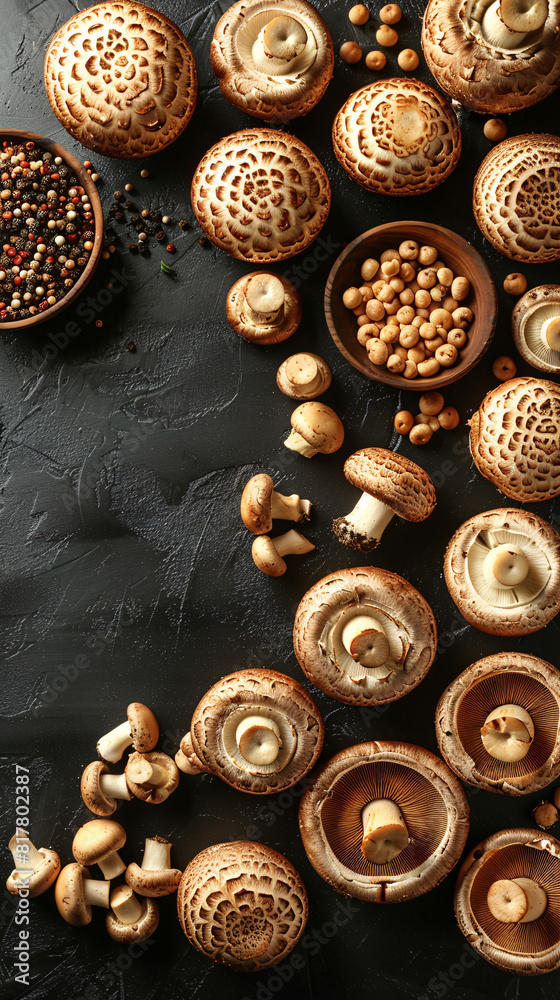 Top view of various open mushrooms on wooden table Free space in the middle for text.