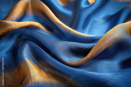 A close-up of a luxurious silk fabric weave, the texture of the fabric enhanced by the play of light and shadow, showcasing the richness of the material in a color palette of royal blue and gold.