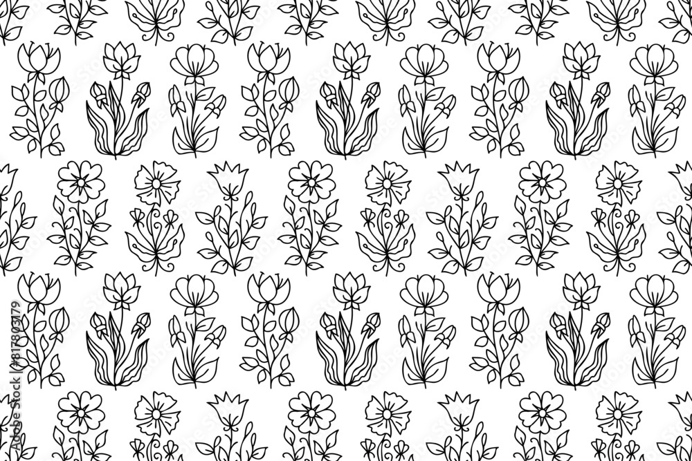 Line art hand drawn flowers seamless pattern. Floral pattern with decorative flower designs. Outline, contour spring flowers Botanical sketches, wildflower blossom, with hand drawn illustrations.