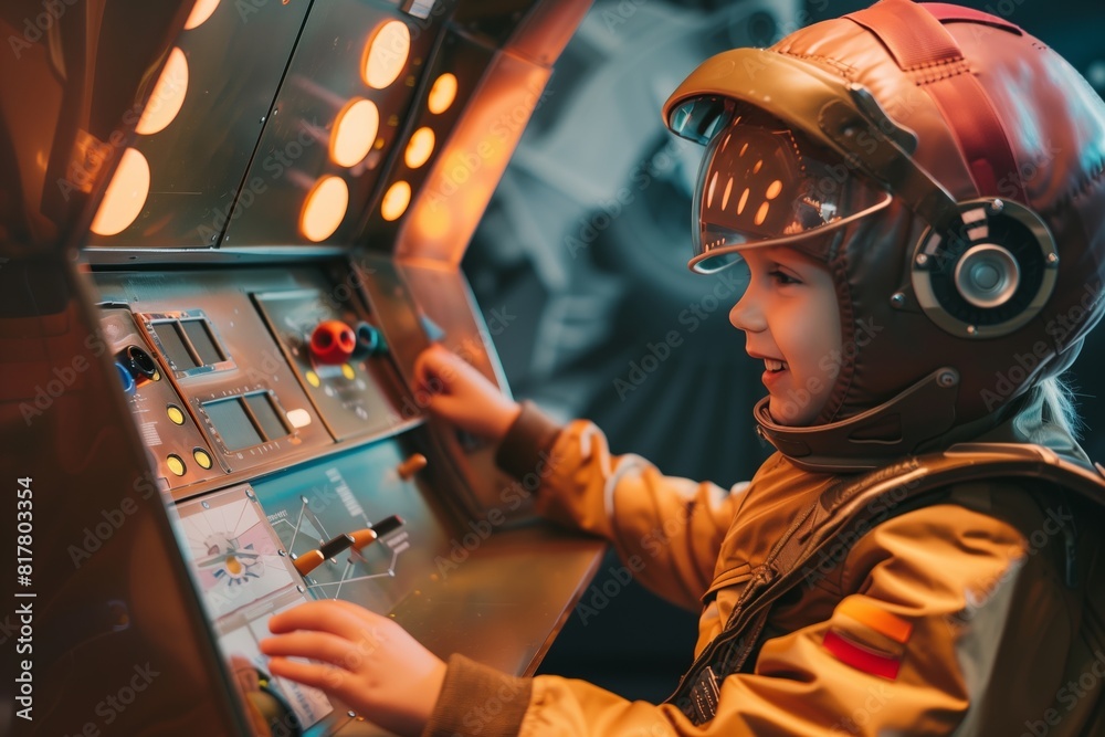 Obraz premium A smiling child in an astronaut costume operates a futuristic spaceship control panel, showcasing imagination and space exploration.