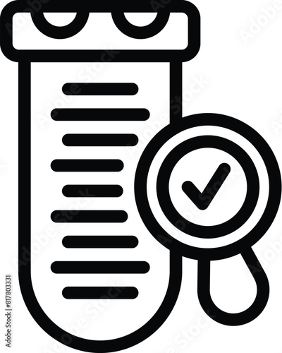 Flat black and white icon of a test tube under inspection with a magnifying glass