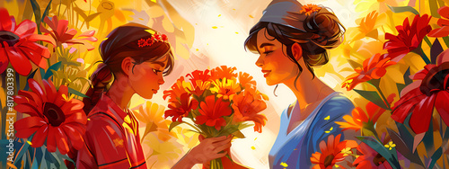 Illustration of a mother receiving flowers from her children. photo