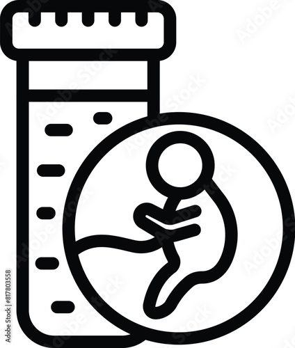 Black outline vector icon of a test tube with a fetus for science and ivf concepts