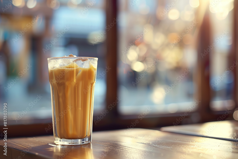 Glass of iced coffee with cream on blurred cafe background Glass of iced coffee with cream on blurred cafe background