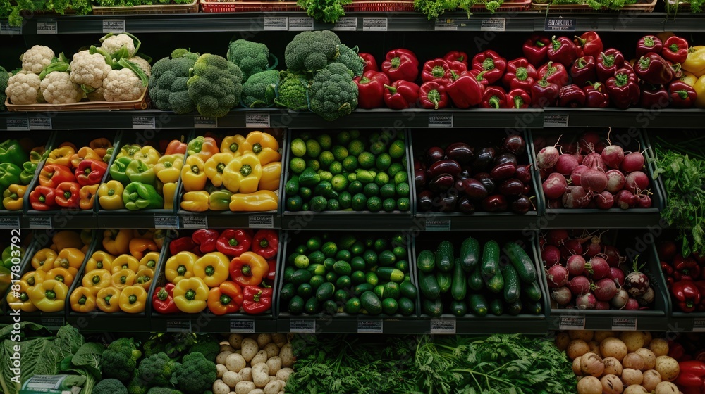 A variety of fresh vegetables in a grocery store aisle. Ideal for food and nutrition concepts