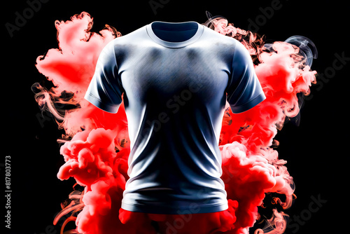 3D T-Shirt Mockup: Grey T-Shirt with Intricate Textures Against a Dark Backdrop, Accentuated by Red and Pink Smoke – Perfect for Modern Design Projects