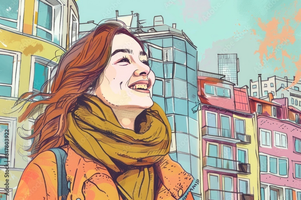 A woman in a scarf standing in front of a building. Suitable for urban lifestyle concepts A woman in a scarf standing in front of a building. Suitable for urban lifestyle concepts