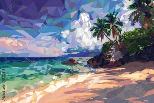 A serene painting of a tropical beach. Ideal for travel brochures or vacation websites