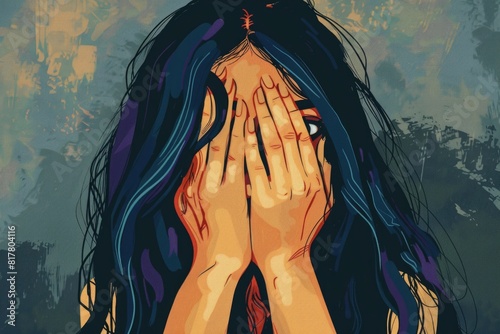 A woman hiding her face with her hands. Suitable for concepts of fear or shame photo