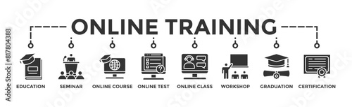 Online training banner web icon vector illustration concept with icon of education, seminar, online course, online test, online class, workshop, graduation, certification