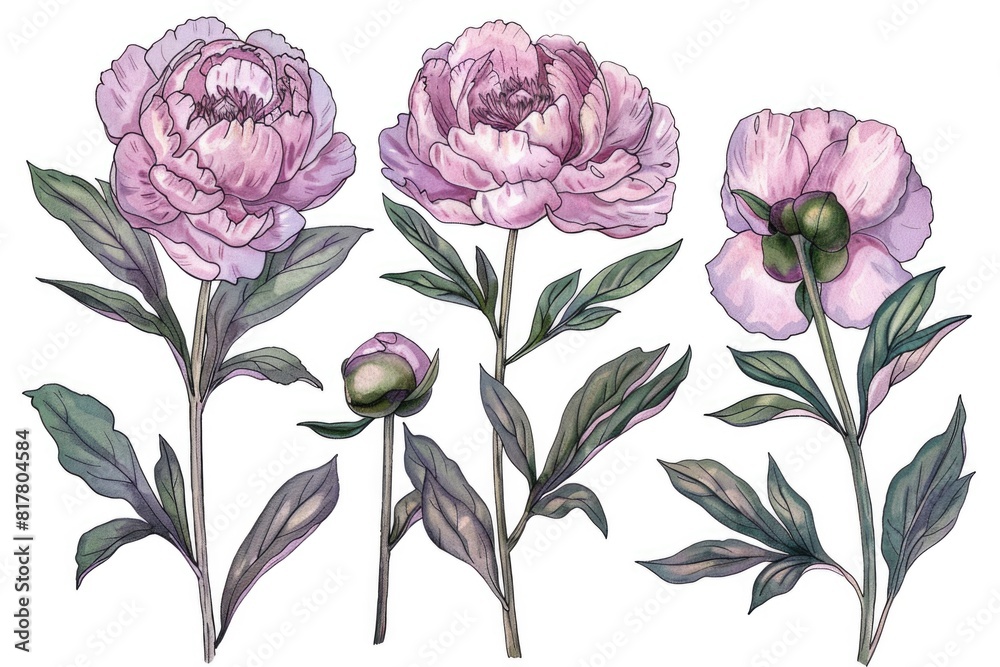 Beautiful drawing of pink flowers with green leaves, perfect for botanical designs Beautiful drawing of pink flowers with green leaves, perfect for botanical designs