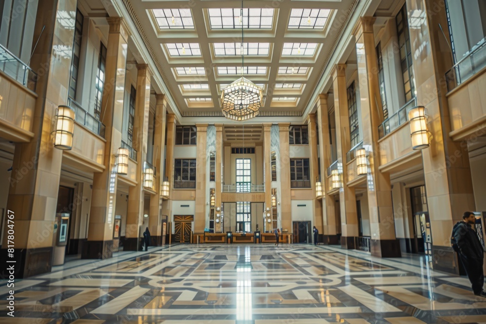 A luxurious chandelier in a large room, perfect for interior design concepts