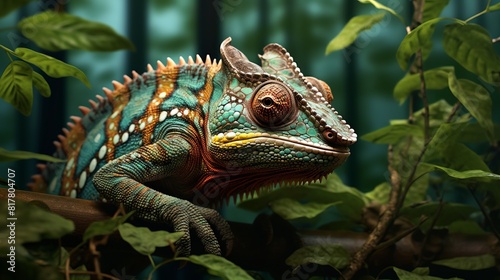 A colorful chameleon is sitting on a leafy branch