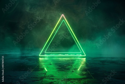 A green neon triangle on a wet surface with smoke