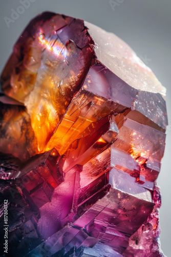 A detailed close-up of a piece of raw gemstone, highlighting its natural texture and vibrant colors. 