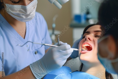 Dentist examining a patient s teeth with dental instruments in a clinic. The patient is lying back with mouth open  while the dentist is focused on the procedure.