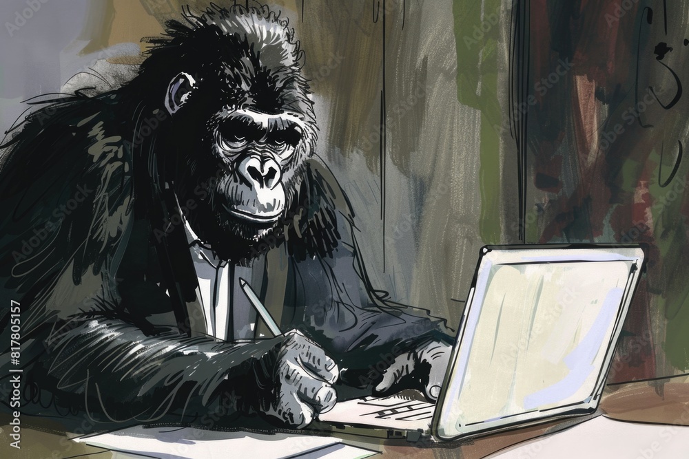A gorilla in a suit sitting at a desk with a laptop. Suitable for business concepts