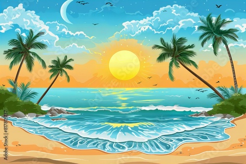 A cartoon beach scene with palm trees and waves