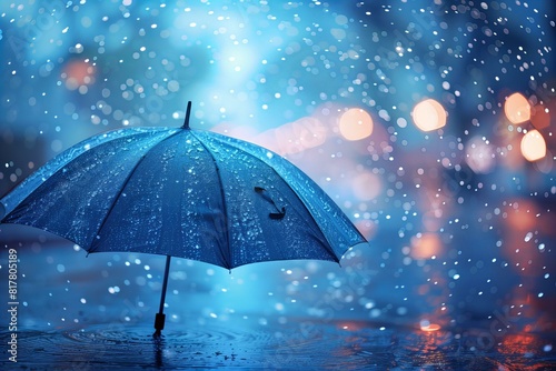 A blue umbrella sitting in the rain